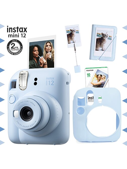 Instax mini 12 Mavi Fotoğraf Makinesi-10'lu Film-Kıskaçlı Stand-Mini Albüm ve Silikon Kılıf Seti