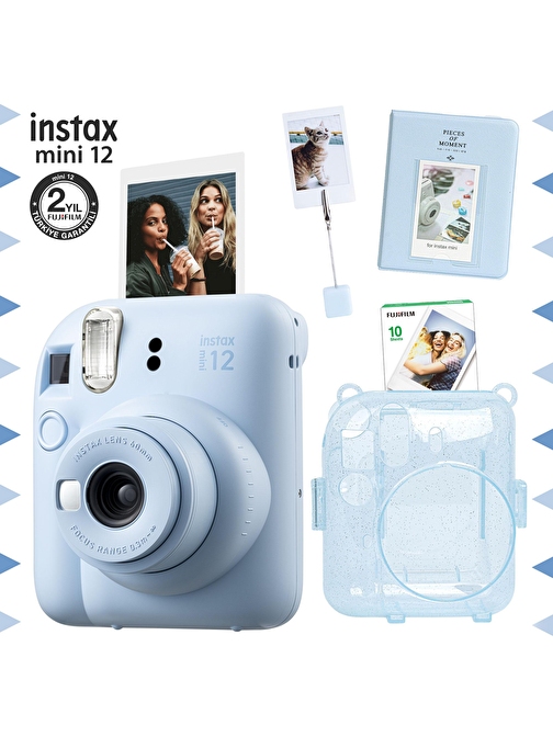 Instax mini 12 Mavi Fotoğraf Makinesi-10'lu Film-Kıskaçlı Stand-PVC Albüm ve Simli Pleksi Kılıf Seti