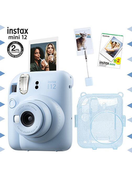 Instax mini 12 Mavi Fotoğraf Makinesi-20'li Film-Kıskaçlı Resim Standı ve Simli Pleksi Kılıf Seti