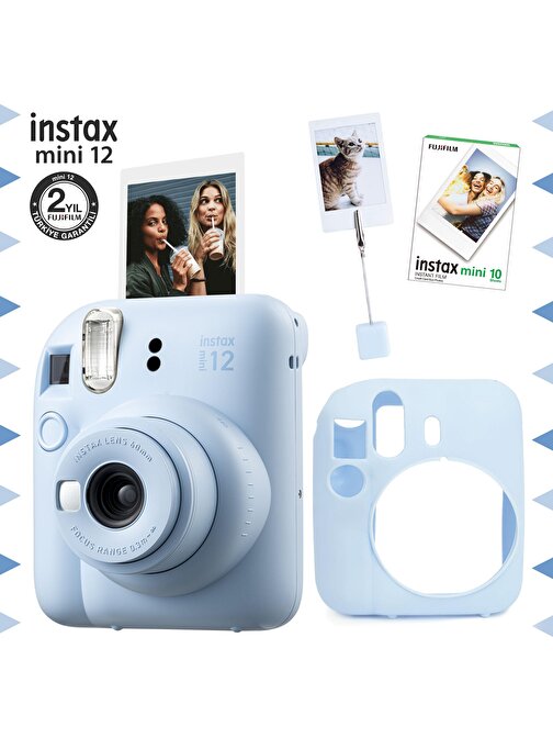Instax mini 12 Mavi Fotoğraf Makinesi-10'lu Film-Kıskaçlı Resim Standı ve Silikon Kılıf Seti