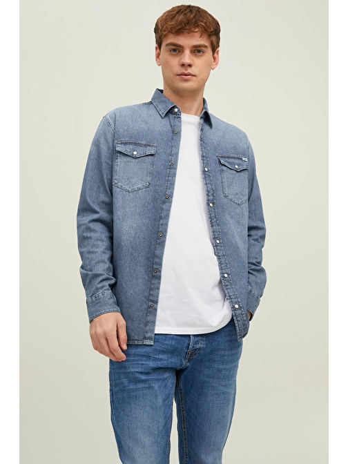 Jack & Jones Erkek Jjesheridan Dar Kesim Kot Gömlek 12138115 Orta Mavi