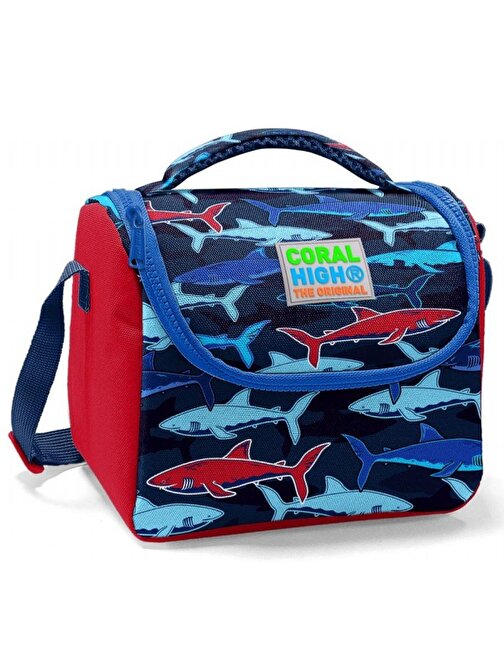 Coral High Erkek Çocuk Okul Beslenme Çantası - Isı Yalıtımlı Lacivert Kırmızı Köpekbalığı Baskılı