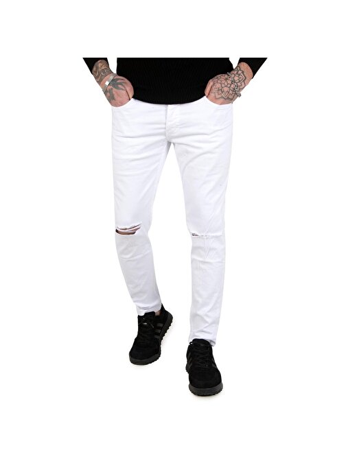 DeepSEA Beyaz Dizleri Yırtık Likralı Slim Fit Erkek Kot Pantolon 1902114