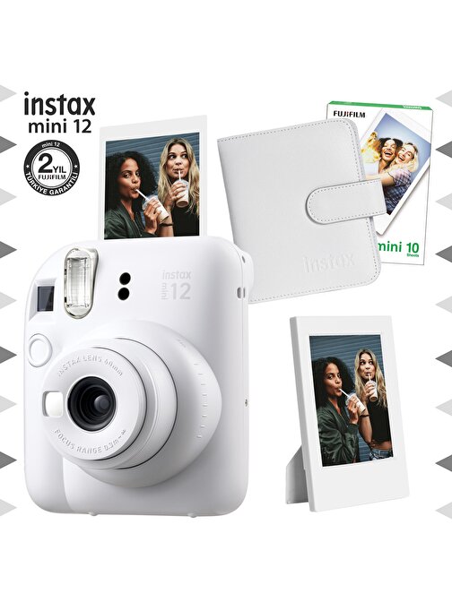 Instax mini 12 Beyaz Fotoğraf Makinesi-10'lu Film-Çerçeve ve Kare Albüm Seti