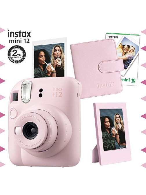 Instax mini 12 Pembe Fotoğraf Makinesi-10'lu Film-Çerçeve ve Kare Albüm Seti