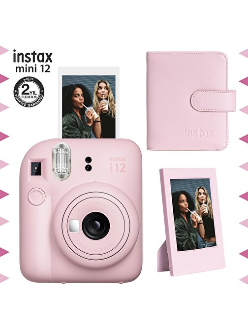 Instax mini 12 Pembe Fotoğraf Makinesi-Çerçeve ve 64'lü Kare Albüm Seti