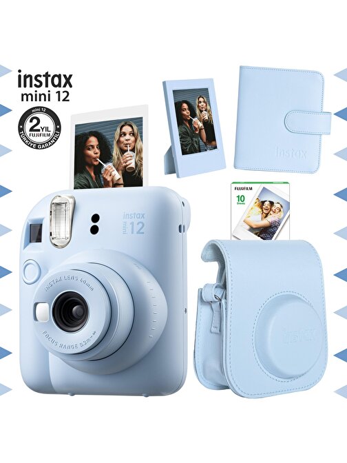 Instax mini 12 Mavi Fotoğraf Makinesi-10'lu Film-Çerçeve-Kare Albüm ve Deri Kılıf Seti