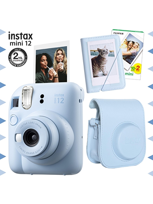 Instax mini 12 Mavi Fotoğraf Makinesi-20'lu Film-Mini Albüm ve Deri Kılıf Seti