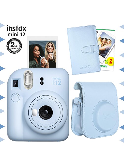 Instax mini 12 Mavi Fotoğraf Makinesi-20'li Film-Laporta Albüm ve Deri Kılıf Seti