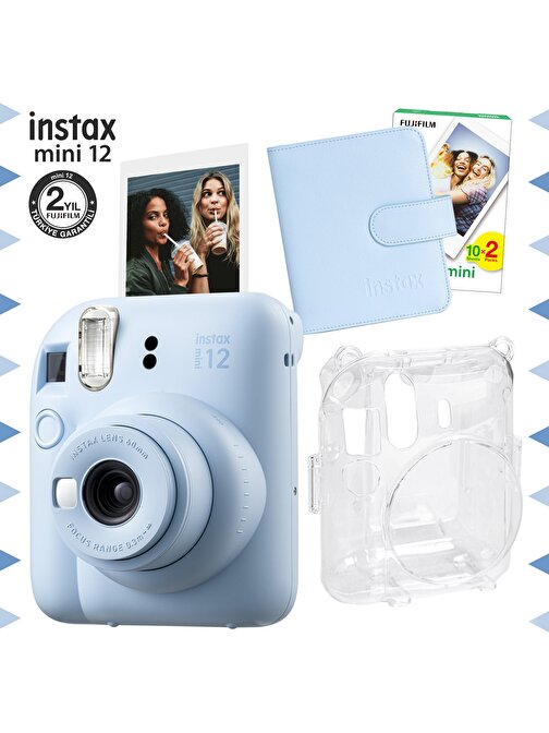 Instax mini 12 Mavi Fotoğraf Makinesi-20'lu Film-Kare Albüm ve Şeffaf Kılıf Seti