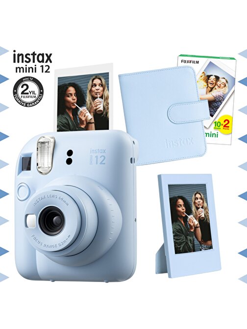 Instax mini 12 Mavi Fotoğraf Makinesi-20'li Film-Çerçeve ve Kare Albüm Seti