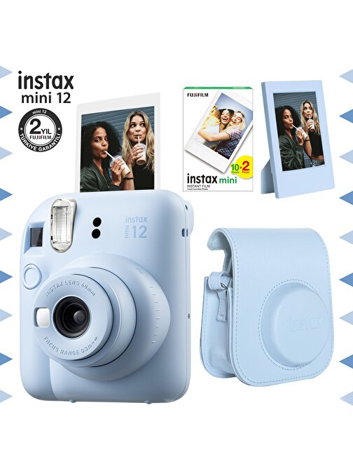 Instax mini 12 Mavi Fotoğraf Makinesi-20'li Film-Çerçeve ve Deri Kılıf Seti