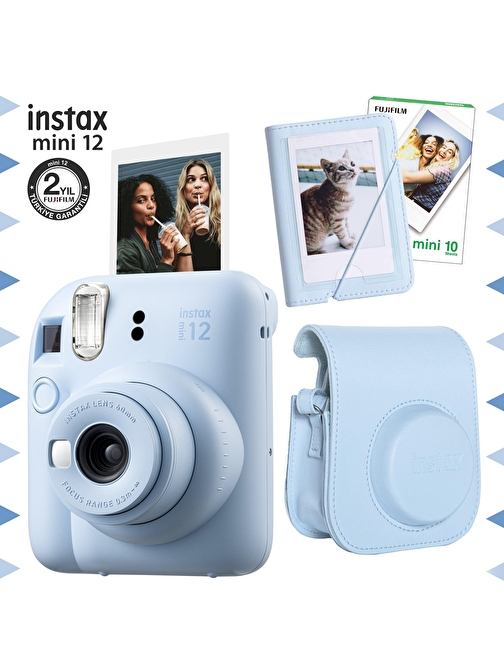 Instax mini 12 Mavi Fotoğraf Makinesi-10'lu Film-Mini Albüm ve Deri Kılıf Seti