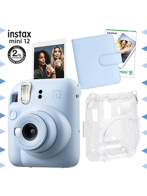 Instax mini 12 Mavi Fotoğraf Makinesi-10'lu Film-Kare Albüm ve Şeffaf Kılıf Seti