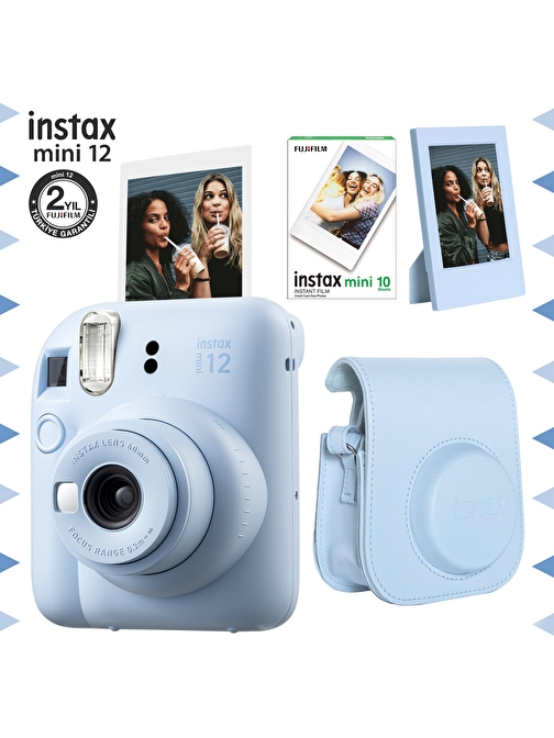 Instax mini 12 Mavi Fotoğraf Makinesi-10'lu Film-Çerçeve ve Deri Kılıf Seti