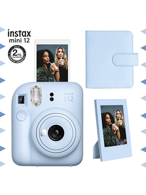 Instax mini 12 Mavi Fotoğraf Makinesi-Çerçeve ve 64'lü Kare Albüm Seti
