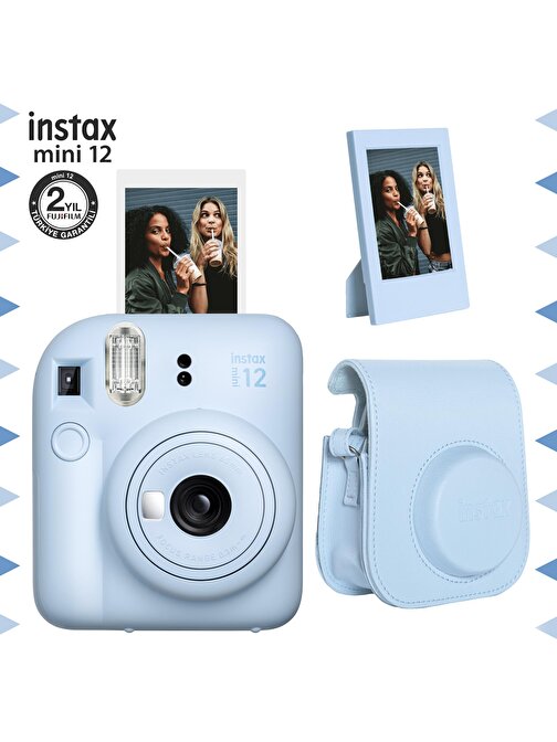 Instax mini 12 Mavi Fotoğraf Makinesi-Çerçeve ve Deri Kılıf Seti