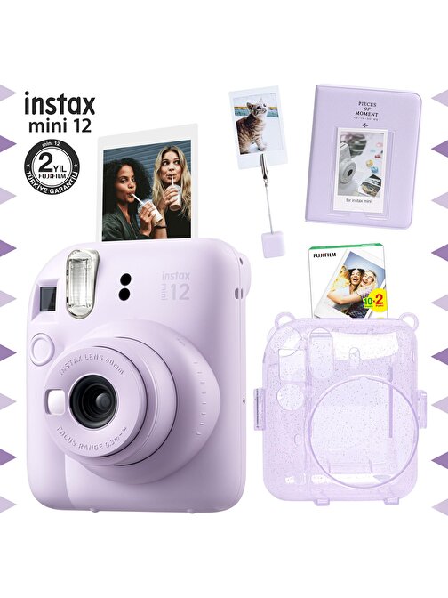 Instax mini 12 Lila Fotoğraf Makinesi-20'li Film-Kıskaçlı Stand-PVC Albüm ve Simli Pleksi Kılıf Seti