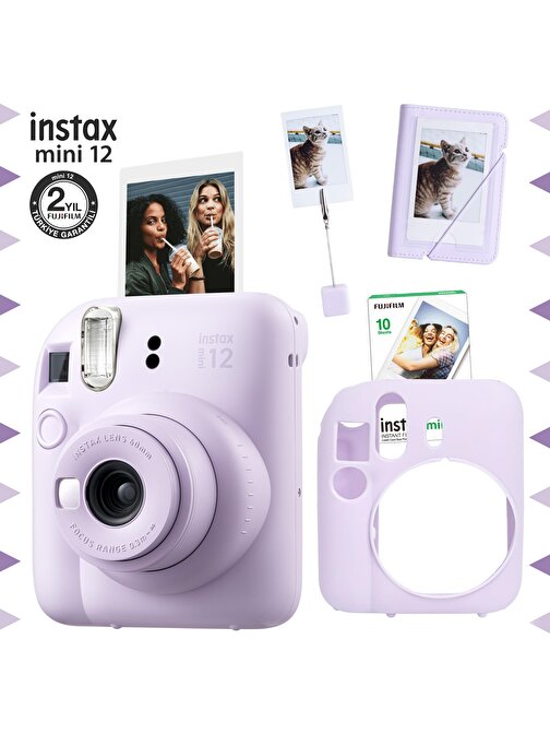 Instax mini 12 Lila Fotoğraf Makinesi-10'lu Film-Kıskaçlı Stand-Mini Albüm ve Silikon Kılıf Seti