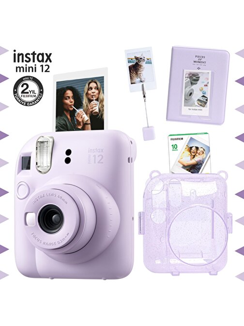 Instax mini 12 Lila Fotoğraf Makinesi-10'lu Film-Kıskaçlı Stand-PVC Albüm ve Simli Pleksi Kılıf Seti