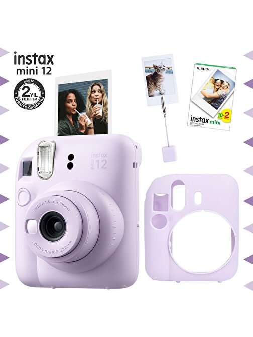 Instax mini 12 Lila Fotoğraf Makinesi-20'li Film-Kıskaçlı Resim Standı ve Silikon Kılıf Seti