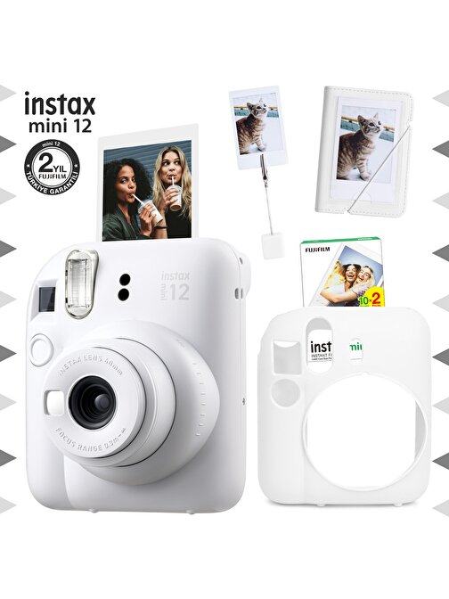 Instax mini 12 Beyaz Fotoğraf Makinesi-20'li Film-Kıskaçlı Stand-Mini Albüm ve Silikon Kılıf Seti