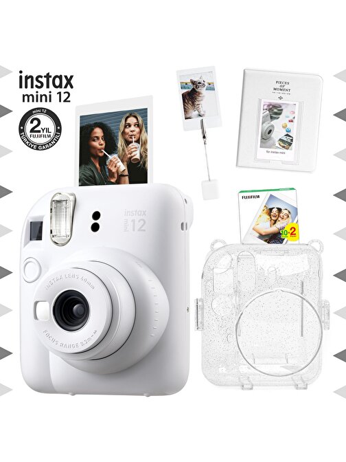 Instax mini 12 Beyaz Fotoğraf Makinesi-20'li Film-Kıskaçlı Stand-PVC Albüm ve Simli Pleksi Kılıf Seti