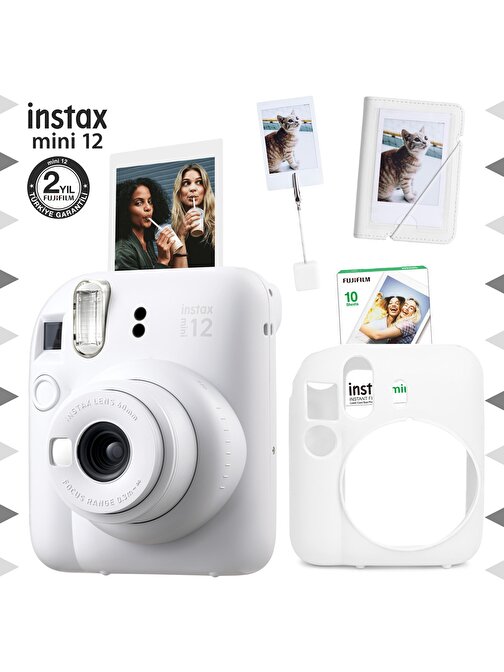 Instax mini 12 Beyaz Fotoğraf Makinesi-10'lu Film-Kıskaçlı Stand-Mini Albüm ve Silikon Kılıf Seti