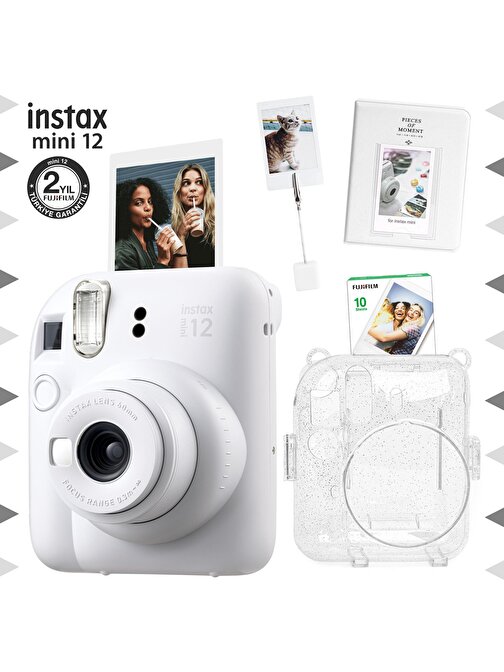 Instax mini 12 Beyaz Fotoğraf Makinesi-10'lu Film-Kıskaçlı Stand-PVC Albüm ve Simli Pleksi Kılıf Seti
