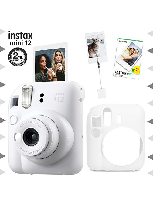 Instax mini 12 Beyaz Fotoğraf Makinesi-20'li Film-Kıskaçlı Resim Standı ve Silikon Kılıf Seti