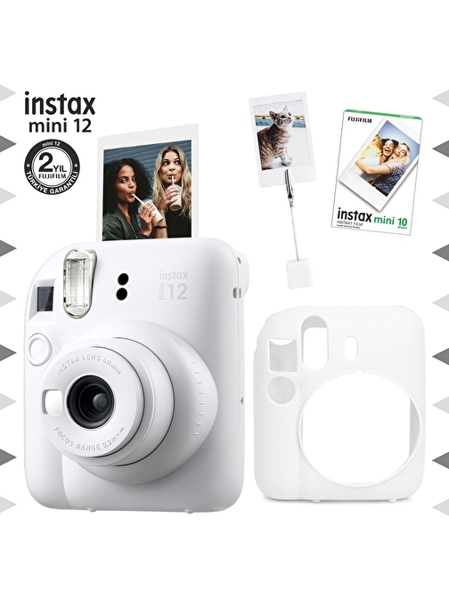 Instax mini 12 Beyaz Fotoğraf Makinesi-10'lu Film-Kıskaçlı Resim Standı ve Silikon Kılıf Seti