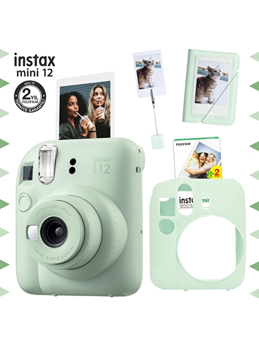 Instax mini 12 Yeşil Fotoğraf Makinesi-20'li Film-Kıskaçlı Stand-Mini Albüm ve Silikon Kılıf Seti