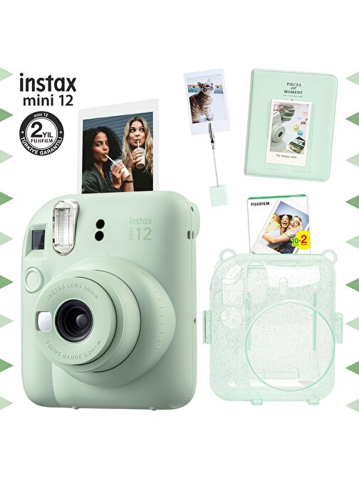 Instax mini 12 Yeşil Fotoğraf Makinesi-20'li Film-Kıskaçlı Stand-PVC Albüm ve Simli Pleksi Kılıf Seti