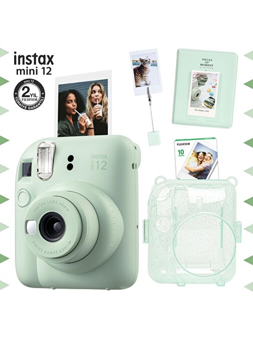 Instax mini 12 Yeşil Fotoğraf Makinesi-10'lu Film-Kıskaçlı Stand-PVC Albüm ve Simli Pleksi Kılıf Seti