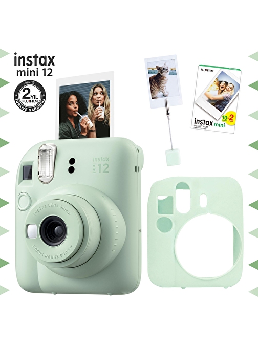 Instax mini 12 Yeşil Fotoğraf Makinesi-20'li Film-Kıskaçlı Resim Standı ve Silikon Kılıf Seti