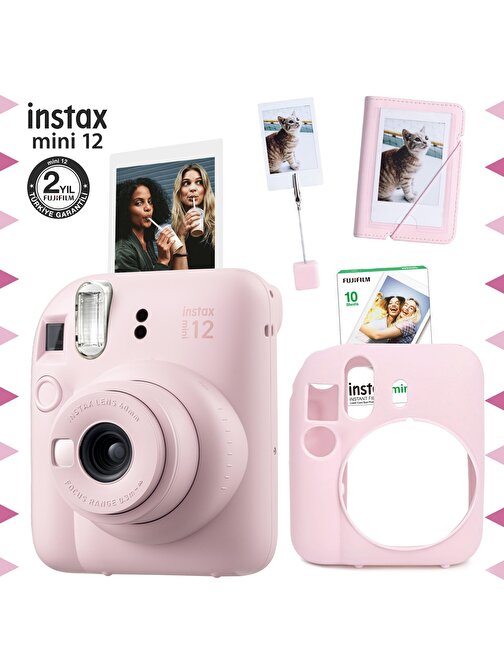 Instax mini 12 Pembe Fotoğraf Makinesi-10'lu Film-Kıskaçlı Stand-Mini Albüm ve Silikon Kılıf Seti