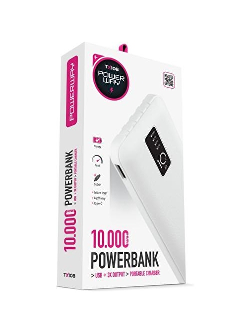 Powerway 10.000 mah dijital göstergeli kablolu ince tasarim powerbank tx108