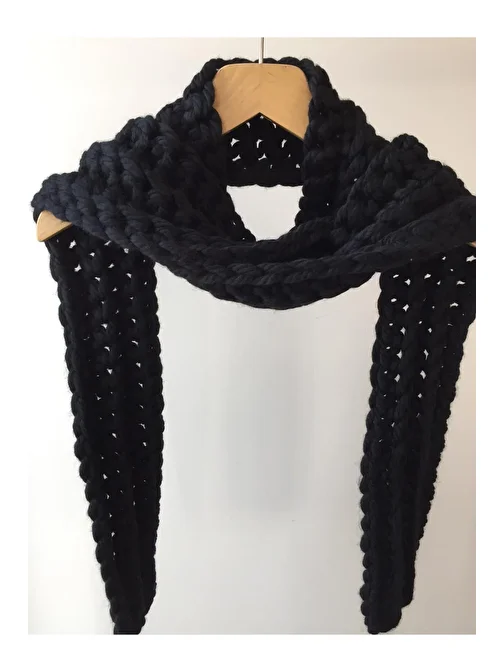 Atkı El Örgüsü Saf Yün Siyah Unisex Mora Knit