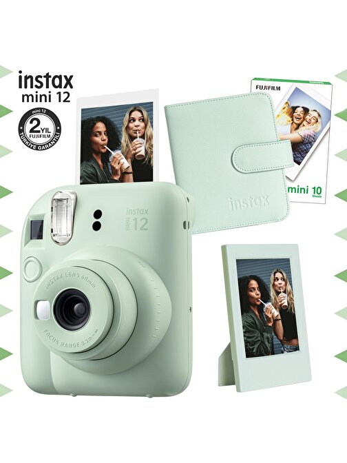 Instax mini 12 Yeşil Fotoğraf Makinesi-10'lu Film-Çerçeve ve Kare Albüm Seti