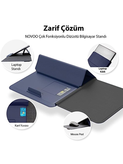 Novoo RT13 Plastik Ayarlı 4'ü 1 Arada Mousepad, Kart Yuvalı, Korumalı Notebook Standı Lacivert