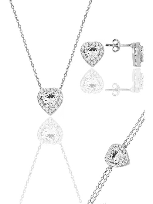 Gümüş rodyumlu zirkon taşlı pırlanta modeli kalp kolye, küpe, bileklik üçlü set SGTL12211BEYAZ
