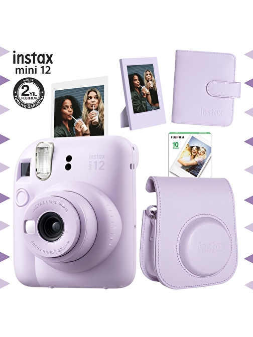 Instax mini 12 Lila Fotoğraf Makinesi-10'lu Film-Çerçeve-Kare Albüm ve Deri Kılıf Seti