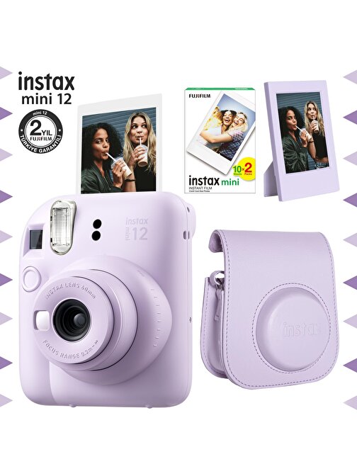 Instax mini 12 Lila Fotoğraf Makinesi-20'li Film-Çerçeve ve Deri Kılıf Seti