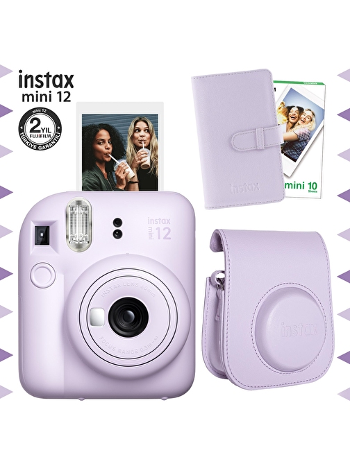 Instax mini 12 Lila Fotoğraf Makinesi-10'lu Film-Laporta Albüm ve Deri Kılıf Seti