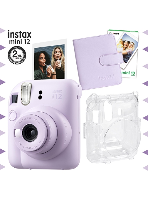 Instax mini 12 Lila Fotoğraf Makinesi-10'lu Film-Kare Albüm ve Şeffaf Kılıf Seti