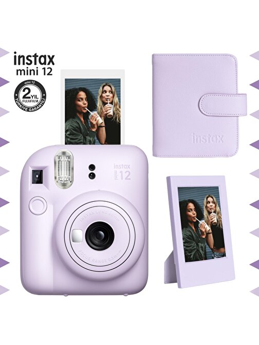 Instax mini 12 Lila Fotoğraf Makinesi-Çerçeve ve 64'lü Kare Albüm Seti