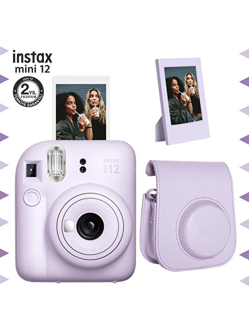 Instax mini 12 Lila Fotoğraf Makinesi-Çerçeve ve Deri Kılıf Seti