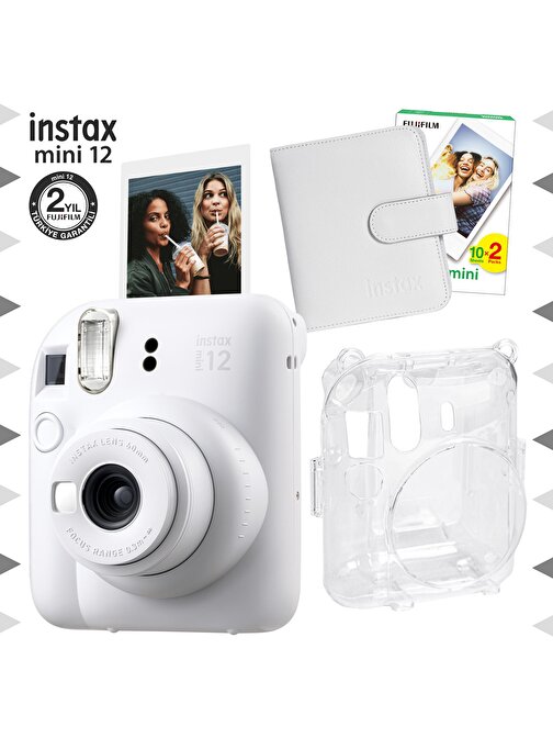 Instax mini 12 Beyaz Fotoğraf Makinesi-20'lu Film-Kare Albüm ve Şeffaf Kılıf Seti