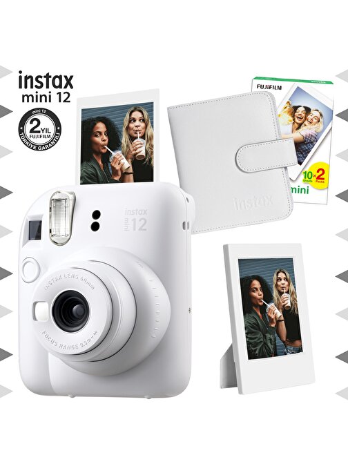 Instax mini 12 Beyaz Fotoğraf Makinesi-20'li Film-Çerçeve ve Kare Albüm Seti