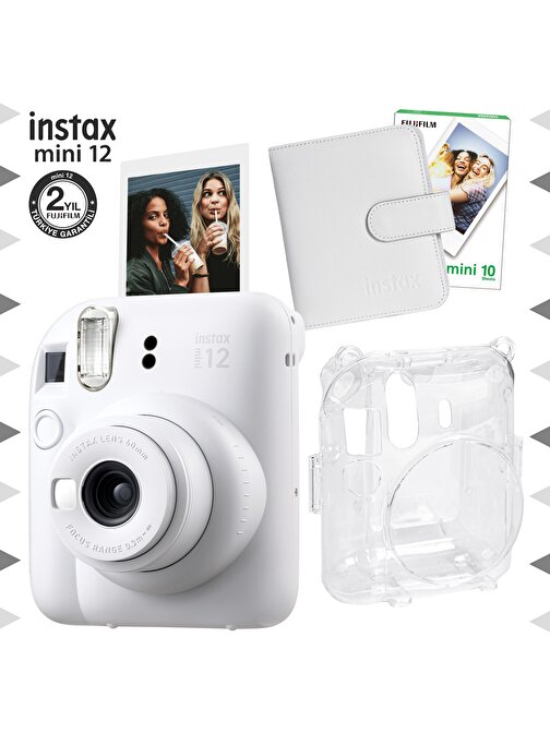 Instax mini 12 Beyaz Fotoğraf Makinesi-10'lu Film-Kare Albüm ve Şeffaf Kılıf Seti